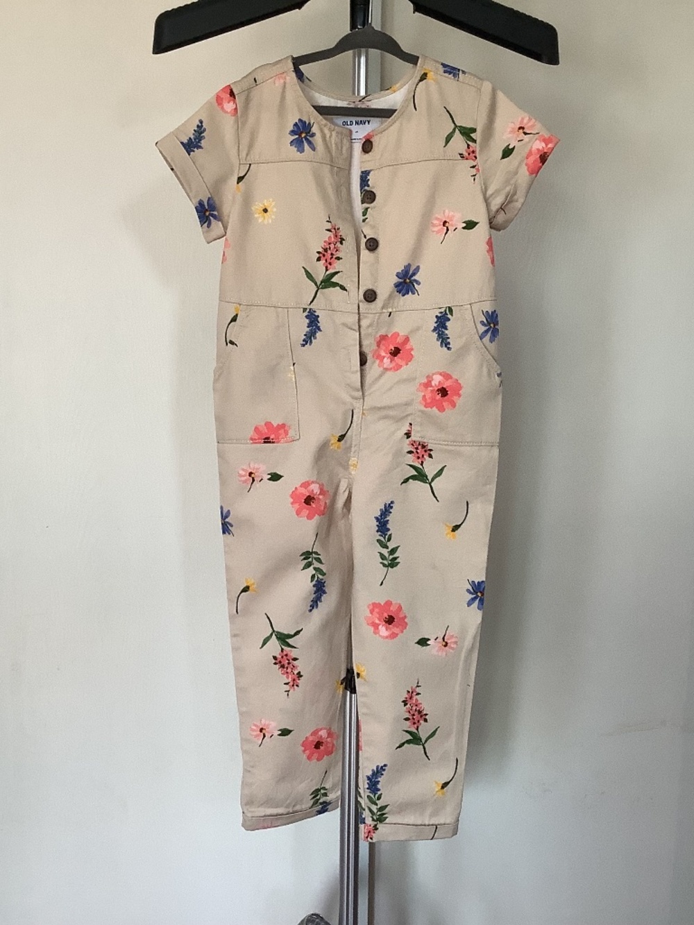 Old Navy Little Girls 4T Khaki Floral 100% Cotton Button Casual Jumpsuit Pockets